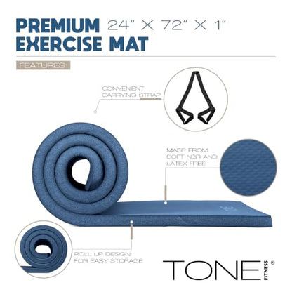 Tone Fitness 1-Inch Thick Yoga Mat | High-Density, Non-slip Exercise Mat with Carrying Strap for Yoga, Pilates, & Home Gym Workouts | Multiple Options