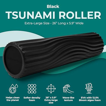 Tsunami Roller (Black) - Extra-Large, 26" x 5.9" - Soft, Textured Foam Roller for Physical Therapy, Back Pain, Exercise & Stretching - Wave Textured - Yoga, Athletics, & Wellness