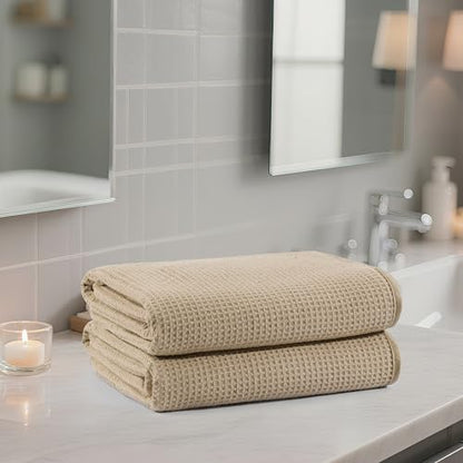 POLYTE 380 GSM Poly Blend Microfiber Quick Dry Waffle Bath Towel, 30x60 in - color: Beige