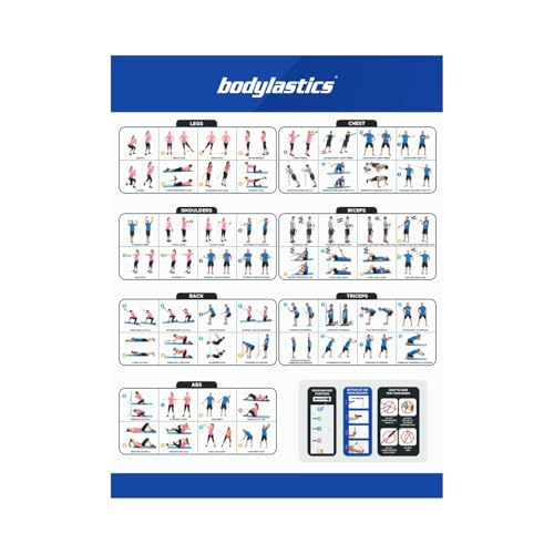 Bodylastics Patented Basic Series Resistance Band Set - Resistance Bands with Snap Reduction Tech, 2 Handles, 2 Ankle Straps, 1 Door Anchor & 1 Carry Bag - color: Workout Guide Poster