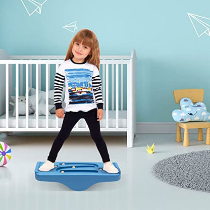 Kids Rocking Seesaw Balance Board with 5 Wooden Balls Sensory Training Rocking Board Balance Training Equipment Children Indoor Outdoor Activity Toy (Blue) - color: Blue