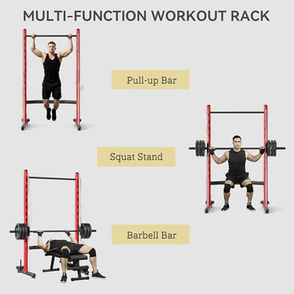 Soozier Squat Rack with Pull-Up Bar, Adjustable Power Rack with Barbell Bar, Multi-Functional Steel Bench Press Rack for Home Gym Strength Training, Black - color: Red