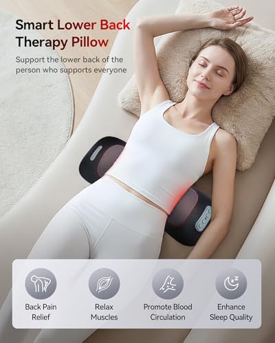 4-in-1 Lumbar Support Pillow with Red Light 650nm 850nm, Lumbar Massager Cordless Rechargeable 5000mAh, Lower Back Massager with Vibration, Airbag Traction & Heating for Back Waist Comfort, Black