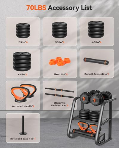 FEIERDUN DS2 Adjustable Dumbbells, 20/30/40/45/70/90lbs Free Weight Set with Connector, 5 in1 Dumbbells Set Used as Barbell, Kettlebells, Push up Stand, Weight Plate, Fitness Exercises for Home Gym Suitable Men/Women