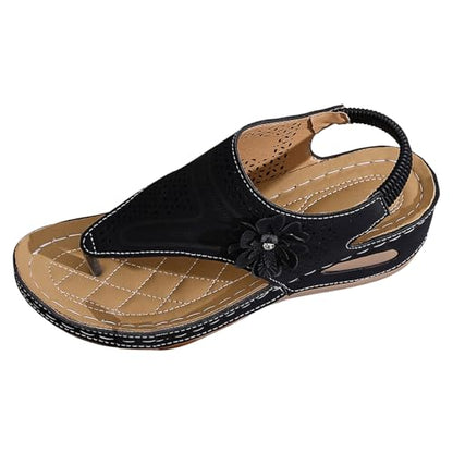 Women's Split Toe Wedge Sandals Floral Decor Elastic Back Strap Arch Support Orthopedic Non Slip Soft Insole Wide Width Breathable Casual Comfortable Shoes Summer Beach Vacation Party Walking Sandal