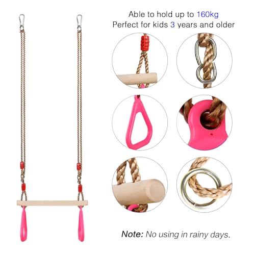 PELLOR Trapeze Bar Gym Rings -Trapeze Swing Bar for Playground Wooden Swing Set with Adjustable Rope Kit Equipment for Children Adult - color: Pink