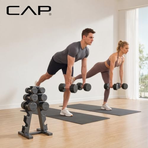 CAP Rubber Coated Dumbbell Weight Set with Vertical Rack | 100 lb, 150 lb, and 210 lb Options - size: 150 lb - Set, style: 12-Sided Chrome Handle