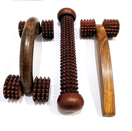 Wooden Massage Roller Set of 3, Acupressure Body Massager, Spiked Rollers for Muscle Relief