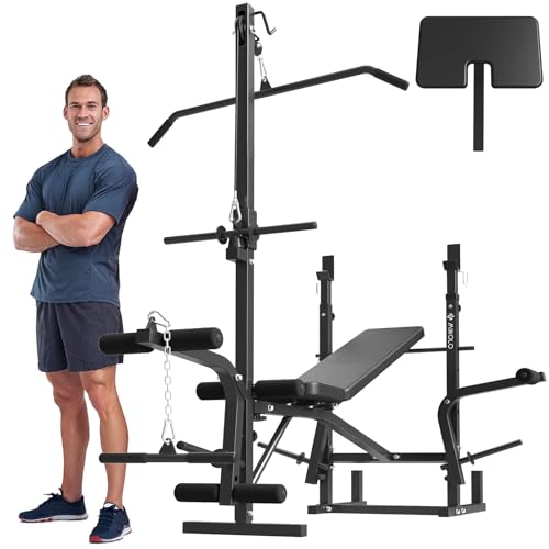 Mikolo 8 in 1 Olympic Weight Bench Set with Leg Extension and Leg Curl, Multi-Function Bench Press Set with Preacher Curl Pad and Chest Fly, Full-Body Strength Training Equipment - color: Black