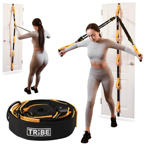 Door Anchor Strap for Resistance Bands with 5 Loops and Metal D-Rings - color: Yellow Door Strap