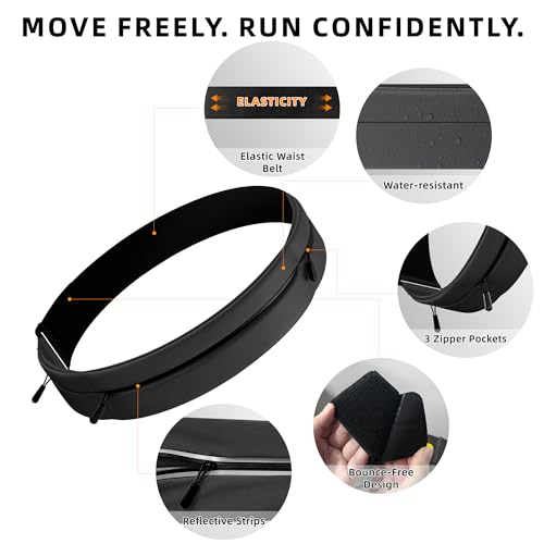 Running Belt for Men Women, Water-resistant Fanny Pack with 3 Zipper Pockets & Reflective Safety Strips, Adjustable Waist Pack Jogging Pouch for Phone, Keys & Essentials (Black, Large)