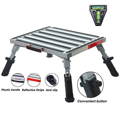 Homeon Wheels RV Step Stool, Adjustable Height Aluminum Folding Platform with Non-Slip Rubber Feet, Reflective Stripe, Handle, RV T Level, for Trailer, Truck, Outdoor - color: Slivergray