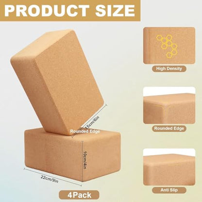 4 Pack Cork Yoga Blocks, Non Slip and High Density Yoga Blocks, Natural Wood Brick for Exercise, Pilates, Stretching, Balance, Gym, Home Workout,9 x 6 x 4Inch