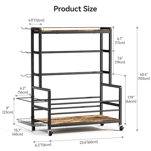 Dumbbell Rack with Wheels, 3-Tier Home Gym Storage Rack, Workout Equipment Organizer with Lockable Casters, Hooks, Side Basket and Wood Shelves