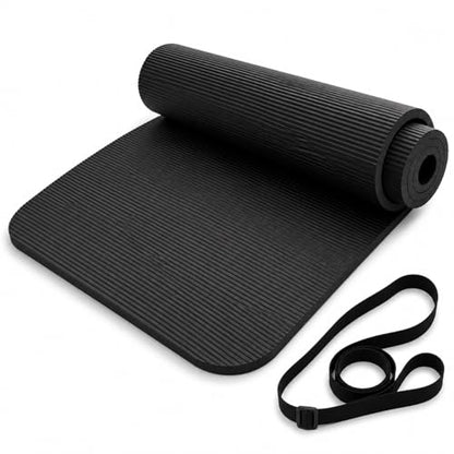 Non Slip Yoga Mat, Extra Thick TPE Exercise Mats for Home Workout with Carrying Strap, Durable Anti-Tear Fitness Mat for Pilates Stretching Gym - color: Black