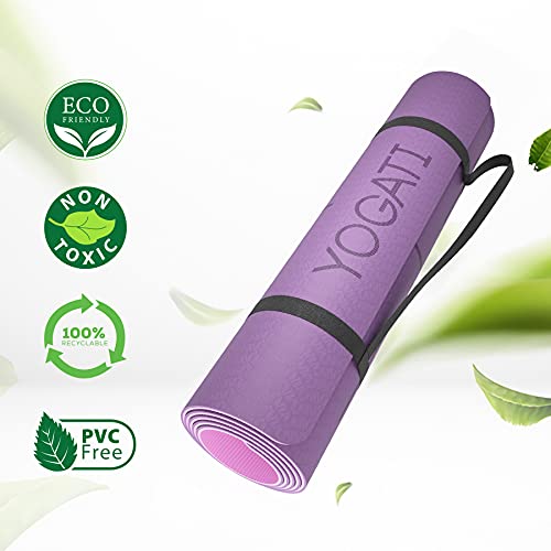 YOGATI® Yoga Mat with Strap with Alignment Lines. Home Workout Mat for Women, Men and Kids. Thick Non Slip Yoga Mat for Pilates and Fitness. Brown, Pink and Purple Yoga Mats