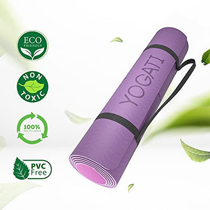 YOGATI® Yoga Mat with Strap with Alignment Lines. Home Workout Mat for Women, Men and Kids. Thick Non Slip Yoga Mat for Pilates and Fitness. Brown, Pink and Purple Yoga Mats