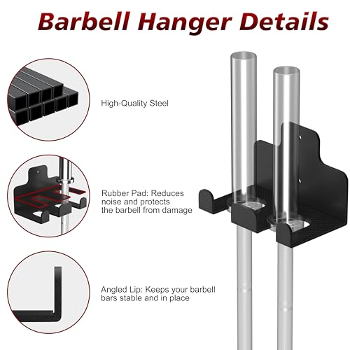4 Pack Wall Mounted Weight Plate Holder and 1 Pack 2 Hooks Barbell Hanger, Weight Plate Holder for 2" Weight Plates, Vertical Barbell Holder With Protective Rubber Pad for Garage Home Gym