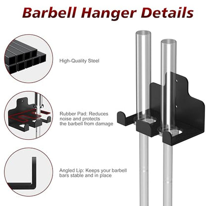 4 Pack Wall Mounted Weight Plate Holder and 1 Pack 2 Hooks Barbell Hanger, Weight Plate Holder for 2" Weight Plates, Vertical Barbell Holder With Protective Rubber Pad for Garage Home Gym