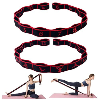 2PCS Elastic Yoga Stretching Strap with 12 Loops Stretch Resistance Exercise Bands for Yoga,Pilates,Dance,Rhythmic Gymnastics,Physical Therapy,Ballet Couple Style