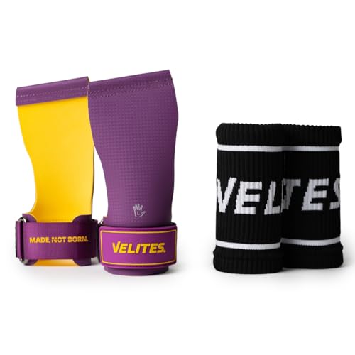 Velites - Official Crossfit® Games Quad Ultra Grips - No Chalk and Smooth Bars - Wristbands and Carry Bag Included - Pull-ups, Muscle-ups and Toes to bar - color: Purple, size: M