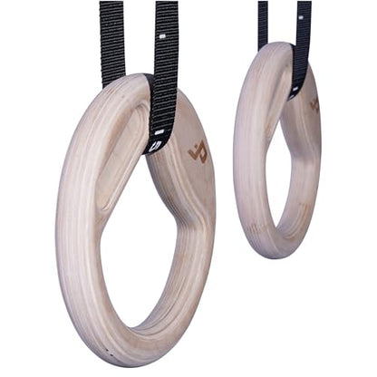 Wooden Gymnastic Rings with Built-in Hangboard – 32mm Birch Rings with 6 Grip Options & Numbered 38mm Straps – Calisthenics, Climbing, Bodyweight Training