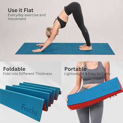 Foldable Yoga Exercise Mat, 6mm/8mm/10mm/12mm Thickness, 72 x 24 Inch - Lightweight, Anti-Slip, and Easy to Store for Yoga, Pilates, Home Workouts, and Floor Exercises