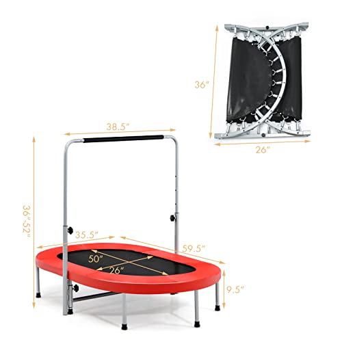 Giantex Mini Trampoline, 2 Persons Foldable Fitness Trampoline w/ 5 Levels Height Adjustable Handle, Max Load 330LBS, Indoor Oval Rebounder Exercise Trampoline for Adult, Kid, Enjoy Parent-child Time - color: Red