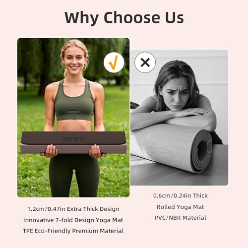 HAHE 7-Fold Design Extra Thick Yoga Mat 72"L x 24"W x 0.47",TPE Fitness Exercise Mats, Non-Slip Foldable Yoga Mat, High Density, Portable for Men & Women, Yoga, Pilates, Home Gym - color: Brown & Beige