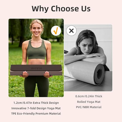 HAHE 7-Fold Design Extra Thick Yoga Mat 72"L x 24"W x 0.47",TPE Fitness Exercise Mats, Non-Slip Foldable Yoga Mat, High Density, Portable for Men & Women, Yoga, Pilates, Home Gym - color: Brown & Beige