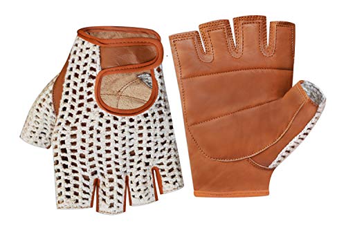 Retro Leather Crochet Cycling Gloves - Classic Tan