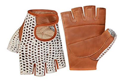 Retro Leather Crochet Cycling Gloves - Classic Tan
