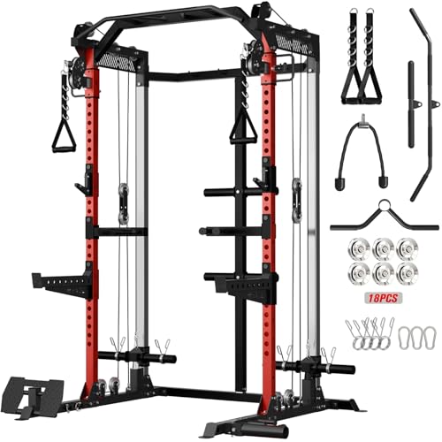 Mikolo HR06 Power Cage with Aluminum Pulleys, 2000LB Power Rack with Independent Dual Pulley System, Multi-Function Home Gym Workout Machine for Cable Crossover - color: Red, size: HR06 Power Cage
