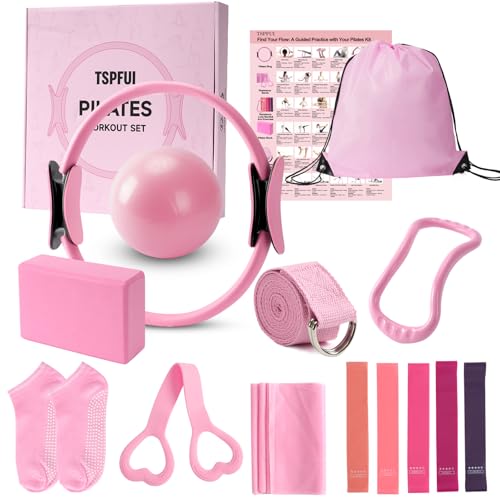 Pilates Kit, Home Pilates Workout Kit for Women, Pilates Equipment with Pilates Ring and Ball, Yoga Block & 5 Resistance Bands, Ankle Weights, Sliders & Grip Socks, Workout Guide Included