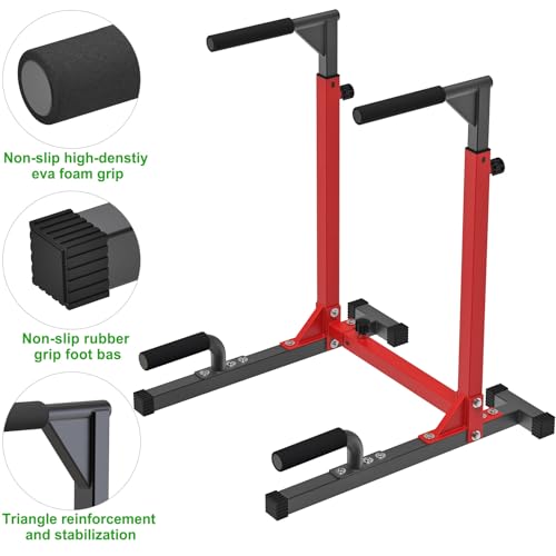 SELEWARE Heavy Duty Dip Bar, Adjustable Width & Height Dip Station Home Gym Fitness Equipment, 800lbs Capacity, Multifunctional Strength Training Dip Stand with Push Up Bar for Tricep Dips, L-Sits - color: Red & Black