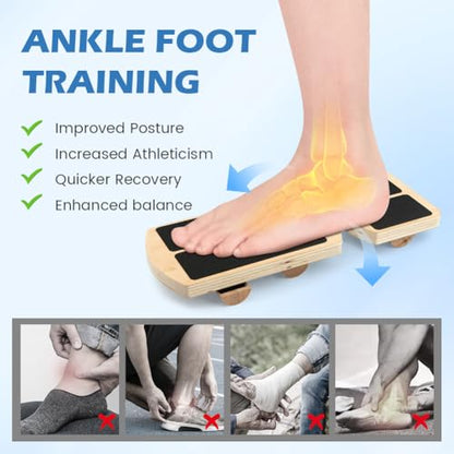 Ankle Balance Board Foot Strengthener, Adjustable Wobble Board with 12 Balls & Balance Rods,18°/24°/30° Tilt Levels, 300lbs Max Capacity, Non-Slip Wooden Trainer for Ankle & Core Stability Training
