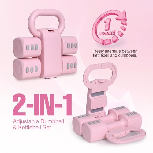 REDCAMP 2-IN-1 Adjustable Dumbbell & Kettlebell Set, 4-Levels Hand Weights (2.2/3.3/4.4/5.5 Lbs Each) Dumbbells Set for Progressive Strength Training, Home Gym Fitness Equipment for Women