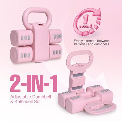 REDCAMP 2-IN-1 Adjustable Dumbbell & Kettlebell Set, 4-Levels Hand Weights (2.2/3.3/4.4/5.5 Lbs Each) Dumbbells Set for Progressive Strength Training, Home Gym Fitness Equipment for Women