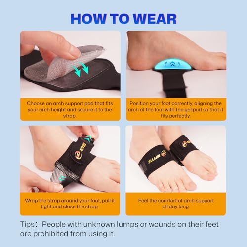 Arch Support Braces with Replaceable Gel Pads, Adjustable Orthotic Arch Support for Women Men, Relief for Plantar Fasciitis, High Arch, Flat Feet, Foot Fatigue, Arch Pain, 4 Pads with 2 Heights