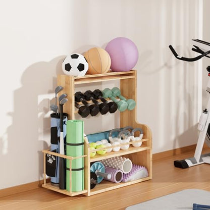 APRTAT Bamboo Dumbbell Rack, Adjustable Weight Rack for Home Gym, All-in-One Workout Equipment Storage for Dumbbells, Kettlebells, Yoga Mats & Balls
