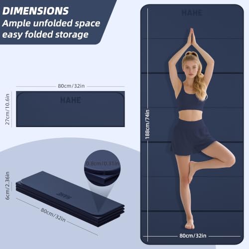 HAHE Foldable Yoga Mat 74"Lx32"Wx1/3"Thick, Folding Exercise Mats - color: Navy Blue