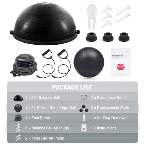 ZELUS 23in. Balance Ball with 55cm Yoga Ball, Resist Bands & Foot Pump - color: Black