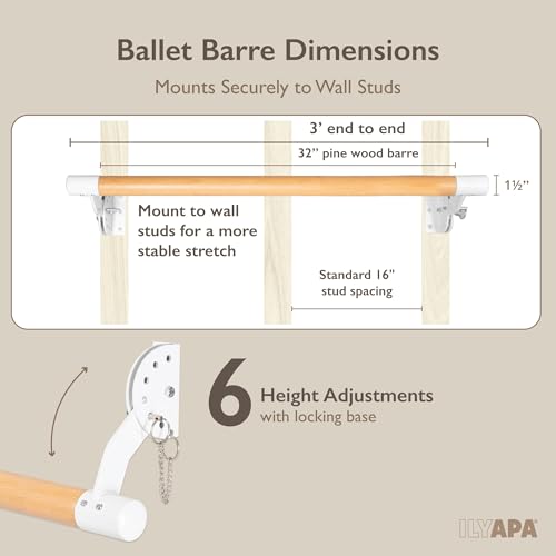 Ilyapa Ballet Barre Bare for Home - Wood Adjustable Wall Mount Ballet Bar Dance Equipment for Barre Workout & Ballet Stretching, Powdercoated White Brackets - size: 3 Ft