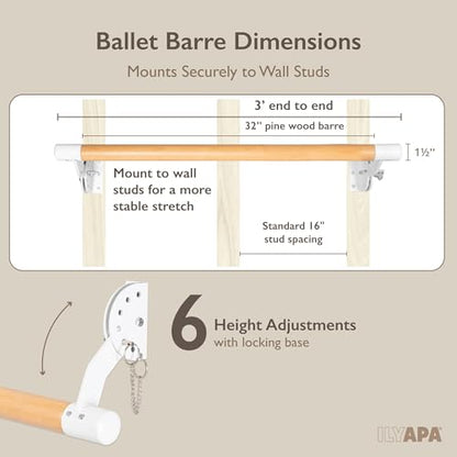 Ilyapa Ballet Barre Bare for Home - Wood Adjustable Wall Mount Ballet Bar Dance Equipment for Barre Workout & Ballet Stretching, Powdercoated White Brackets - size: 3 Ft