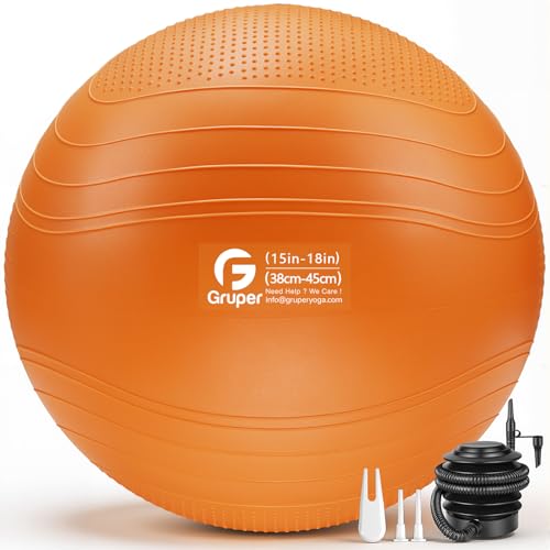 Gruper Yoga Ball, Extra Thick Non Slip Exercise Ball for Workout, Yoga, Pregnancy, 4 Sizes Anti Burst Chair for Home and Office, Includes Foot Pump & Fitness Guide - color: ['Orange'], size: 18 Inch (45cm),s