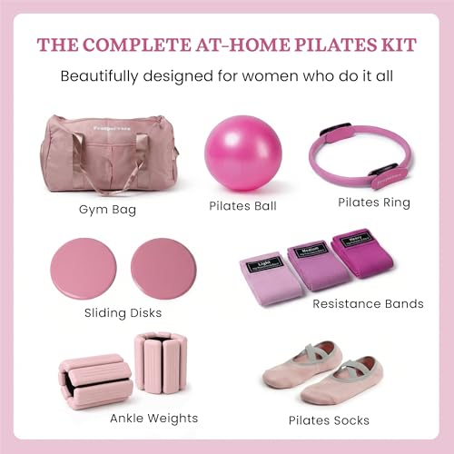 Premium 12pc Pilates Kit – 15 inch Pilates Ring and Ball Set w/ 1lbs Ankle Weights, Fabric Resistance Bands, Sliders, Yoga Socks & Gym Bag – Pilates Workout, Home Gym Equipment Accessories - color: Blush Energy (Pink)