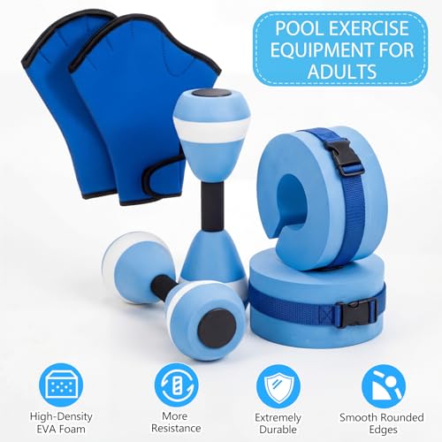Water Aerobics Set Aquatic Exercise Set Include Water Foam Dumbbell Swim Aquatic Cuffs Ankle Arm Swimming Glove Pool Resistance Weights Pool Fitness Equipment for Training - color: Blue