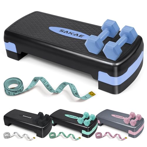 Aerobic Stepper Set with Dumbbells & Measuring Tape, Adjustable Height 2 Level Risers Workout Exercise Step Platform, 4 Colors, the Ultimate Gift for a Joyful Holiday and Merry Christmas - color: Blue Black