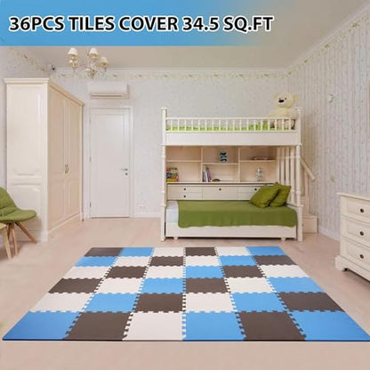 BalanceFrom 16-Pack 12x12 Inches EVA Interlocking Foam Play Tile Mat, Blue/Brown/Beige – 0.4-Inch Thick Non-Slip Puzzle Flooring for 16 Square Feet in Playroom, Nursery, or Playpen at Home