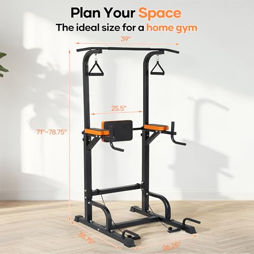 Power Tower Pull Up Bar,Pull Up Bar Station, 6-Level Adjustable Pull Up Dip Station for Home Gym, 450 Lbs Weight Capacity, Strength Training Fitness Workout Equipment with Power Elastic Ropes